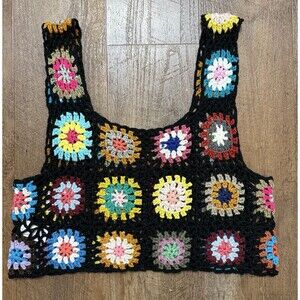 Colorful Crochet Knit Patterned Women's Tank Top One Size Granny Square